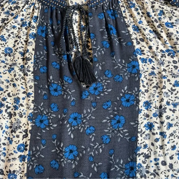 Lucky Brand Women's Floral Print 3/4 Sleeve Boho Blouse Tie Neck Blues Large - Picture 9 of 9